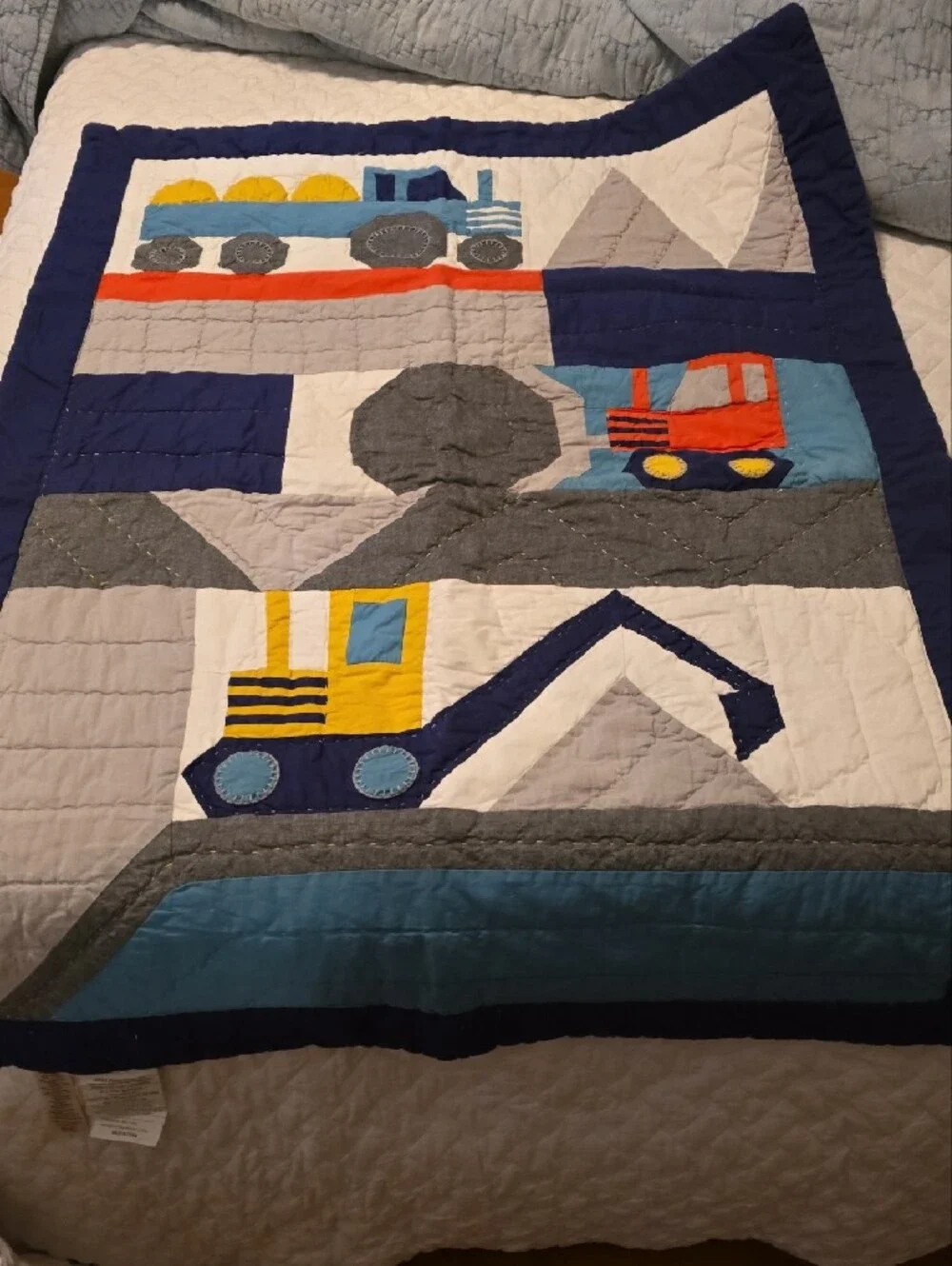 Pottery Barn Kids Blue and Gray Construction Truck Quilt And Sheets